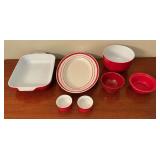 Red dishes, 16" platter, mixing bowls, ramekins, etc.