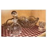 Glass bowls, toothpick holder, cruet, etc.