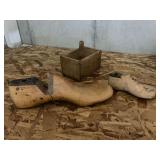 Butter press and pair of wooden shoe last
