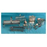 Silverplate pieces, cracker holder, bell, utensils, etc.