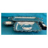 Pair of footed serving trays, up to 24" L, small bowl and serving tong