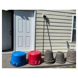 Assorted planters, 2 tubs, birdfeeder stand