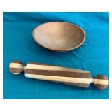 Wooden bowl (cracks) and wooden rolling pin