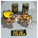 Tiger candleholders and pair of Mizzou Brew cans