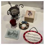 Burner, clear to ruby vase, frog gift box, mini wreath, Grandma sign, etc.