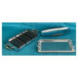 Pair of divided silverplate trays and footed tray