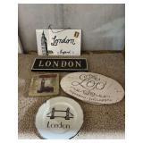 "Loo" sign, London England postage stamp sign, Big Ben, London Bridge, etc.