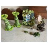 Pair of frog candlesticks, frames, Dansk frog, etc.