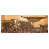 Pressed glass pieces, bowls, cake stand, platter, gravy boat, etc.