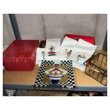 Frog tea towels, baskets, silverware box, etc.