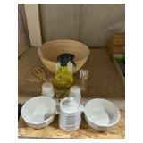 Salad bowl, tongs, Pfaltzgraff crouton holder, salad bowls, S&P, etc.