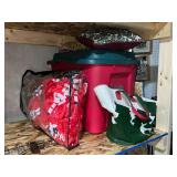 Christmas fleece blankets, canvas tote, plastic tote, pillows, etc.