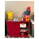 Wooden cabinet with shelves and contents