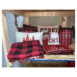 Red and Black buffalo plaid fleece blanket, pillows, buckets, etc.