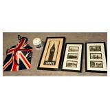 Framed London artwork, biscuit jar, apron, etc.