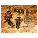 Brass bells on rope, brass sconces, etc.