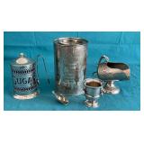 Silverplate pieces, English Breakfast Tea canister, sugar container, etc.