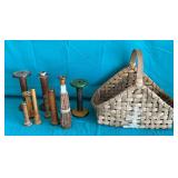 Antique basket with damage and assorted wooden spools