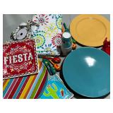 Festive serving pieces, paper goods, tablecloth, etc.
