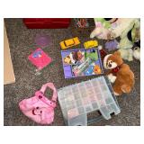 Stuffed animals, colored pencils, crafting beads, soccer net
