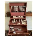 Wm. Rogers "Victorian Rose" flatware set in wooden box