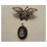 Convertible cameo and butterfly pin both marked 800