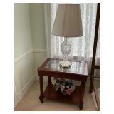 Glass top end table, 31" T lamp and flower arrangement