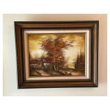 Framed oil on canvas fall scene