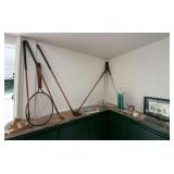 Golfing items, vintage golf clubs, trophies, tennis racquet