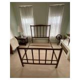 Antique wood full size bedframe with one slat, linens