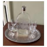 Silverplate tray 9" L with decanter and 4 small glasses