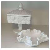 Milk glass pieces, covered dish, ruffle edge bowl