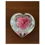 Heart with rose art glass paperweight