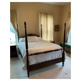 Queen size 4-poster bedframe with linens, mattress and box springs