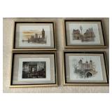 4 framed prints, mostly cityscapes