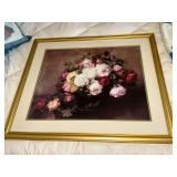 Framed rose print with gold toned frame