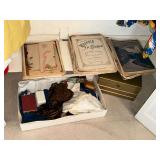 Vintage sheet music, scarves, jewelry box, etc.