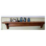 Penguins and other figurines, wooden shelf 30" L