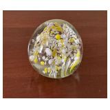 Yellow and white art glass paperweight