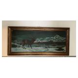 Elk framed oil on canvas artwork