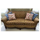 Vintage upholstered divan, 80" L, damage to the middle leg on the front
