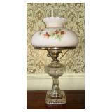 Electrified oil lamp with hand decorated shade