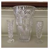 Large crystal vase and 2 bud vases