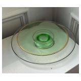 Glass platter and green cake plate