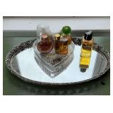Oval dresser mirror with perfume and heart dish