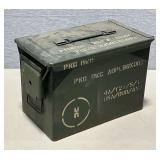 Metal ammo can, 7' W x 12' L x 9' T.