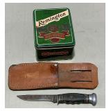 Remington sheath knife, leather handle 4' blade, metal tin