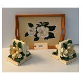 Two Pair Of Ceramic Dogwood Book Ends & Serving Tray 15"X12"
