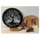 Metal Tree Wall Art, Wooden Shoe Form, Carved Wooden Raccoons & More