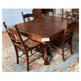 Antique English Oak Draw-Leaf Dining Table Refractory Base  56"X28"X45" With Leaf & 4 Cane Seat Chairs